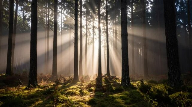 Sunlight beams through forest