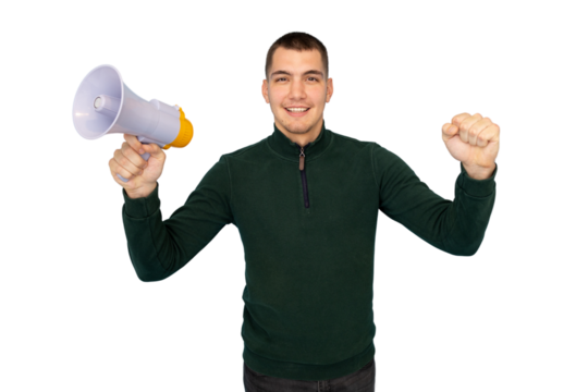 Male activist raising fist while holding megaphone, loudly proclaiming social message against white background