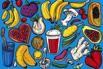 Colorful Hand Drawn Fruit and Vegetable Illustration on Blue Background