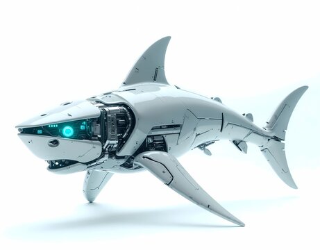 futuristic robot white shark with blue light isolated on white background. Generate AI