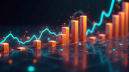 Dynamic 3D digital illustration of rising financial market featuring neon bar graphs and sleek line charts, set above a reflective surface in vibrant orange and turquoise on a high-tech background.