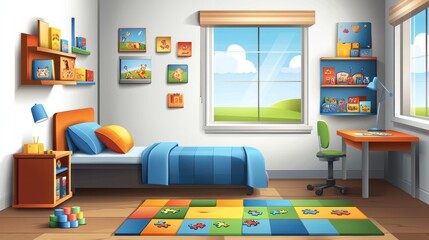 Cartoon depiction of a kid's bedroom with a bed, desk, and colorful rug
