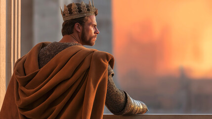 Biblical king wearing a golden crown stands in profile inside an ancient stone castle, gazing at the horizon—spiritual and majestic Old Testament scene.