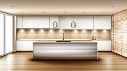 Bright, minimalist kitchen with an island, cabinets, and wood flooring