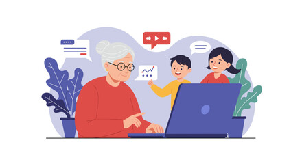 Elderly woman using laptop while children engage and communicate  