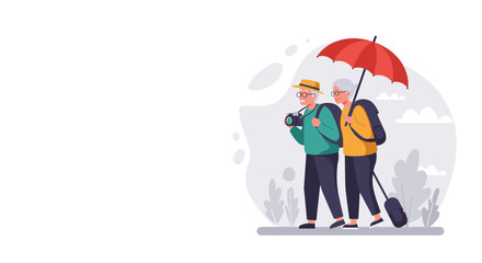 Elderly couple walking under an umbrella on a cloudy day  