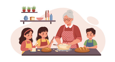Grandmother baking bread with children in a cozy kitchen  