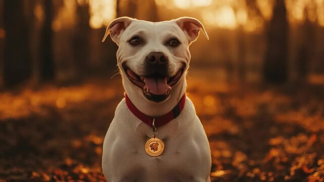 Captivating portrait of a happy white pitbull dog enjoying a golden sunset in a peaceful forest