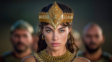 Elegant portrait of a biblical queen, radiating beauty, dignity, and strength, adorned in ancient royal attire.