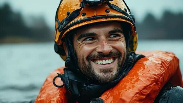 Determined firefighter emerges from floodwaters after a daring rescue