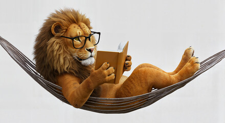 Cartoon lion wearing glasses reading a book while relaxing in a hammock  