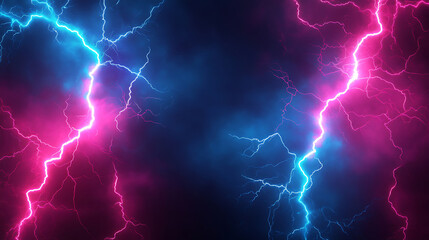 Dramatic lightning strikes against a dark blue cloudy sky with electric pink and blue hues creating a dynamic display of atmospheric energy