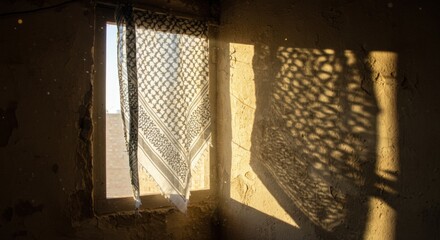 Obraz premium Sunlight streams through an old window with a keffiyeh for a curtain, casting intricate shadows on a rustic, peeling wall.