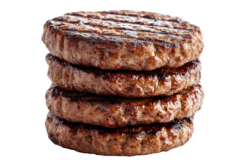 Grilled Burger Patties: A stack of four appetizing grilled burger patties, perfectly seared with appetizing grill marks, presenting a delicious promise of a satisfying meal.