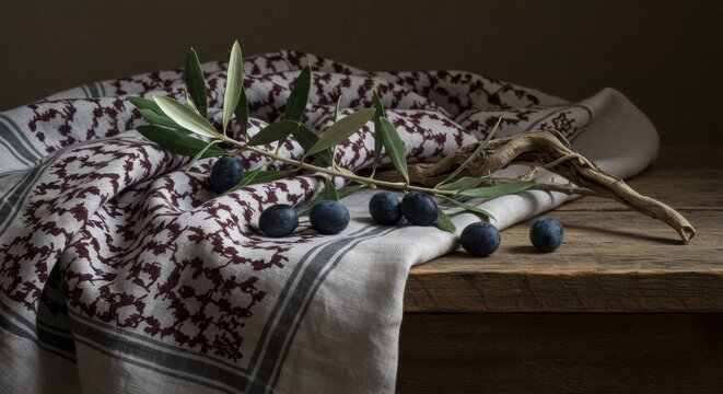 An olive branch rests on a Palestinian shemagh, representing hope, resilience, and a deep connection to the land.