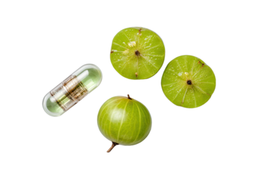 A transparent capsule sits beside sliced, bright green fruits