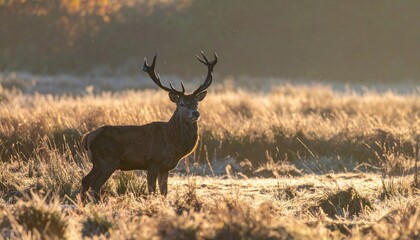Fototapeta premium Majestic Red Deer Stag Standing Proudly in Golden Morning Light Field