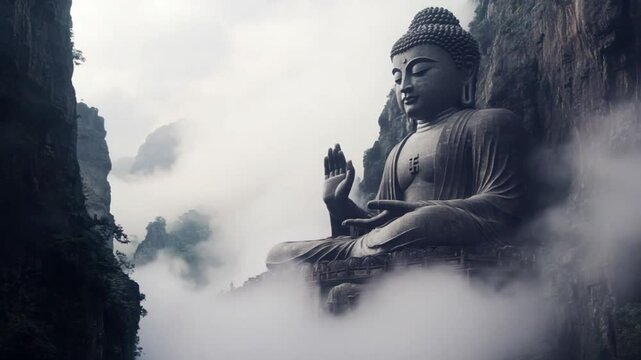 Majestic Buddha Statue Enshrouded in Misty Mountains: A Serene and Spiritual Landscape