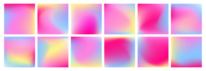 Fototapeta premium Pastel color square gradient set. Pink iridescent glowing square backgrounds. Vector kids aesthetic backdrop in soft light magenta violet pastel colors. Summer party social media post templates