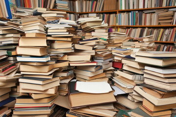 Obraz premium Textbooks, notebooks, and a calculator on a study table in a library