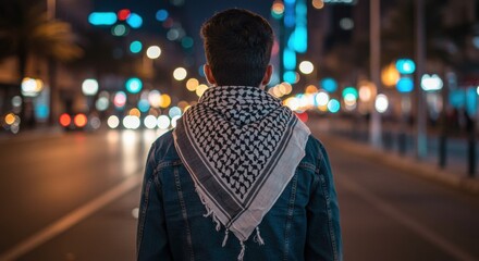 Obraz premium A young man wearing a keffiyeh and denim jacket stands on a city street at night, with blurred bokeh lights in the background.