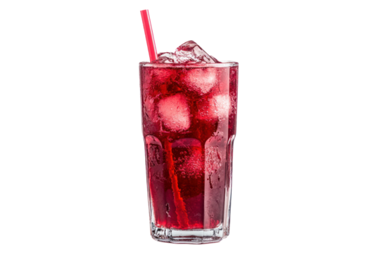 Refreshing Drink: A close-up shot of a tall glass filled with a vibrant red drink, ice cubes, and a red straw. The drink is isolated.