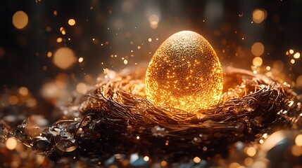 Ornamental Nest Holding Shimmering Golden Egg High Resolution Picture