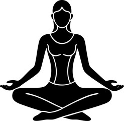 A black and white silhouette illustration of a woman meditating in a yoga pose for wellness and relaxation.