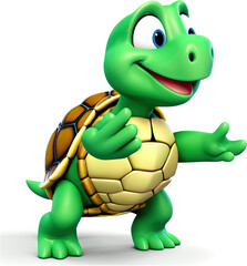 A friendly green cartoon turtle stands with inviting open arms against a black background.