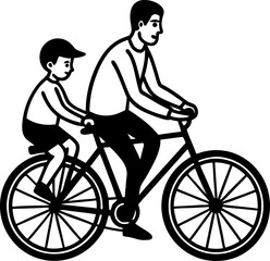Obraz premium Father and son enjoying bike ride together in black and white minimalist line art illustrating family time and bonding