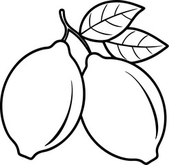 Freshly picked lemons with vibrant green leaves sketched in a clean black and white minimalist vector illustration design.