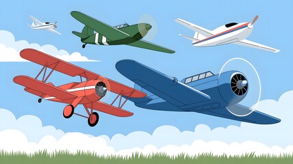 An illustration of various types of airplanes in the sky.