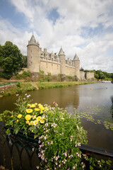 Obraz premium image verticale d'un chateau sur le bord d'une riviere avec fleurs jaunes au premier plan, le chateau de Josselin en région Bretagne dans le Morbihan