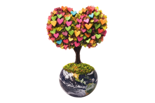 Heart Tree of Love on Globe: A whimsical heart-shaped tree flourishes on a miniature globe, symbolizing global unity and the growth of love across the world.