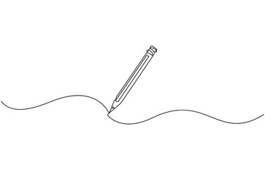 One continuous line drawing of pen writing thin stroke. Pencil symbol of study and education concept in simple linear style,  outline, banner in minimalism style.
