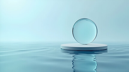 Floating Glass Disc Display Over Tranquil Water Ripples for Luxury, Minimalist Product Showcases