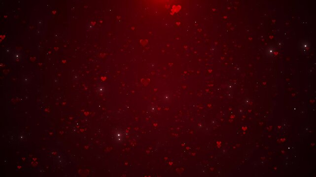 Valentines day heart bokeh particles sparkling stars love animation, shiny glitter heart, valentine marriage, dark red gradient background anniversary, mother's day, marriage, invitation ecard 3D 45K