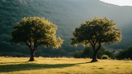 Two intertwined trees standing together in a peaceful natural landscape