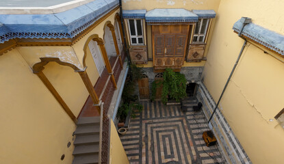 Aerial View of Traditional Courtyard with Patterned Tiles In Damascus old town
