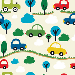 seamless pattern for kids with cars and tractors on a light background.eps