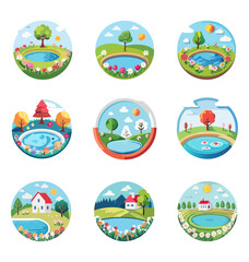 Fototapeta premium lanscape icon set with trees, flowers, houses summer and spring time vector illustrations