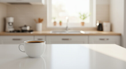 White cup of coffee on white kitchen table over blured kitchen interior background