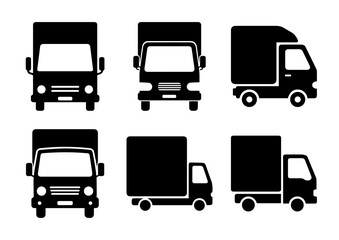 Delivery truck transport icon set. EPS Vector silhouette file of cargo, freight, logistic vehicles black illustration