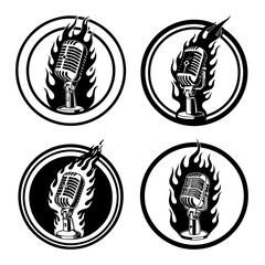 Flaming vintage microphone icon set. EPS Vector silhouette file of retro mic flames, rock and roll microphone logos black illustration