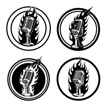 Flaming vintage microphone icon set. EPS Vector silhouette file of retro mic flames, rock and roll microphone logos black illustration