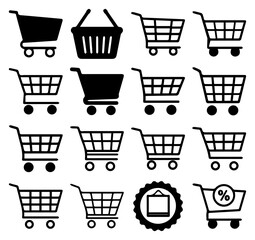 Shopping cart ecommerce icon set. EPS Vector silhouette file of carts, baskets, purchase, and shopping motifs black illustration