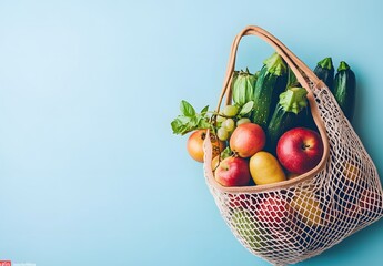 Eco-friendly mesh bag with fresh fruits and vegetables against blue background