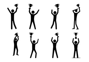 Stick figures celebrating with trophy icons. EPS Vector silhouette file of success poses, achievement gestures, and award celebration black illustration