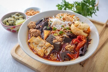 Rice Vermicelli with Northern Thai Curry Sauce, Thai called Khanom Jeen Nam Ngiao, Northern thai cusine