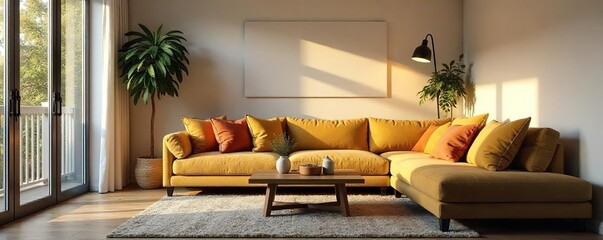 Cozy living room with comfortable sofa, coffee table, and warm lighting, creating a relaxed and inviting atmosphere for a simple home , serenity, rustic, warm lighting